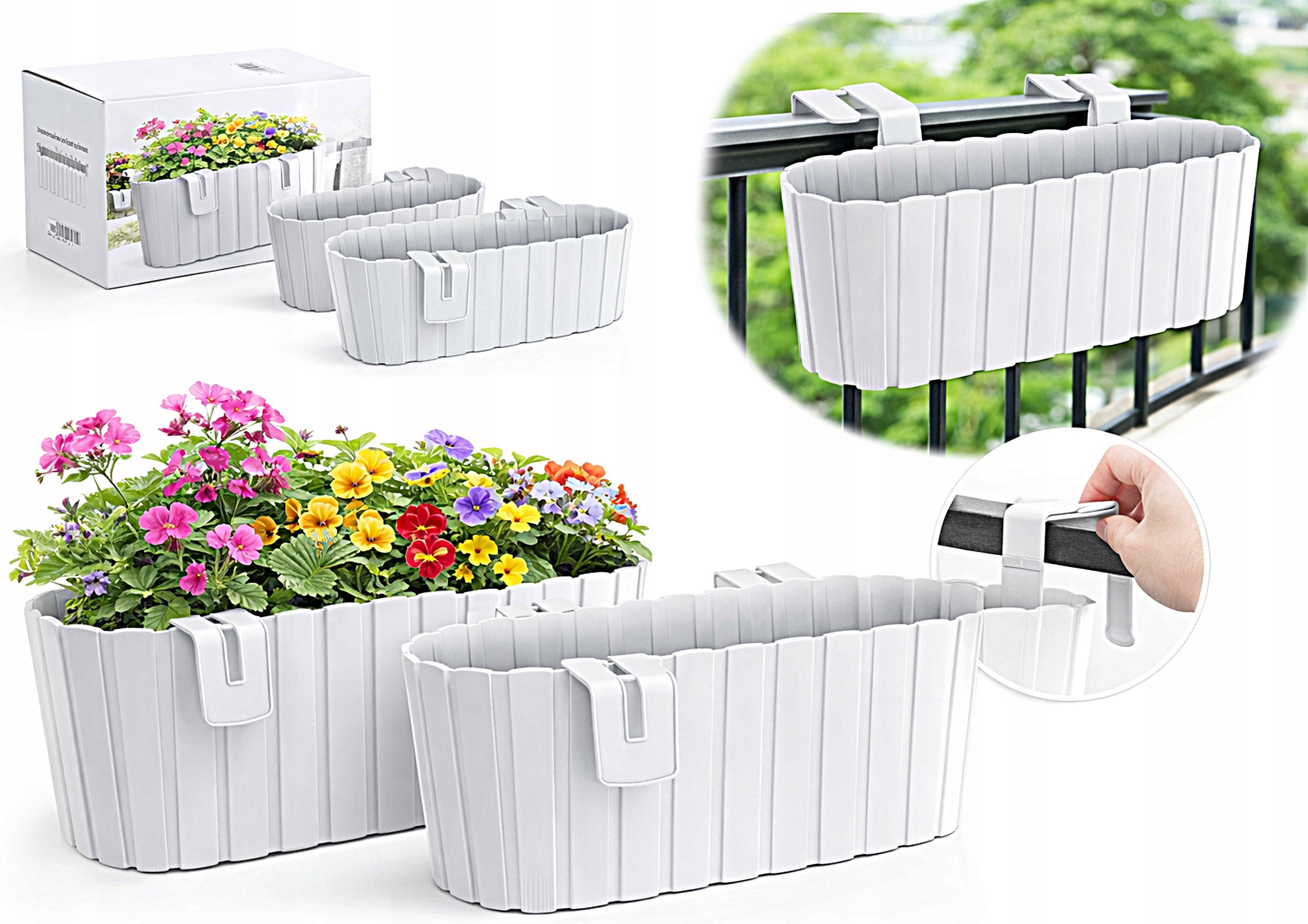 BALCONY FLOWER POT BOX 383mm WHITE HANGING FOR TERRACE DECORATIVE