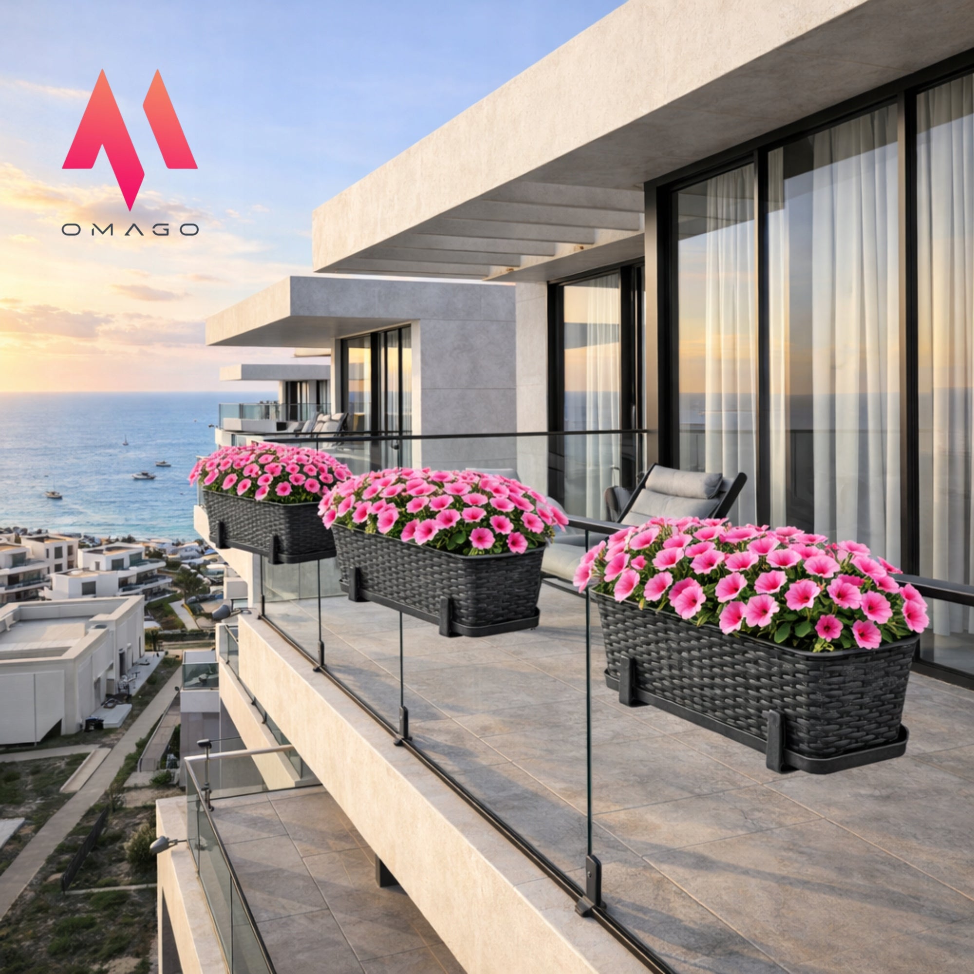 BALCONY FLOWER POT RATTAN PLANTER FOR BALCONY FLOWERS PLANTS 60cm ANTHRACITE Brand OMAGO