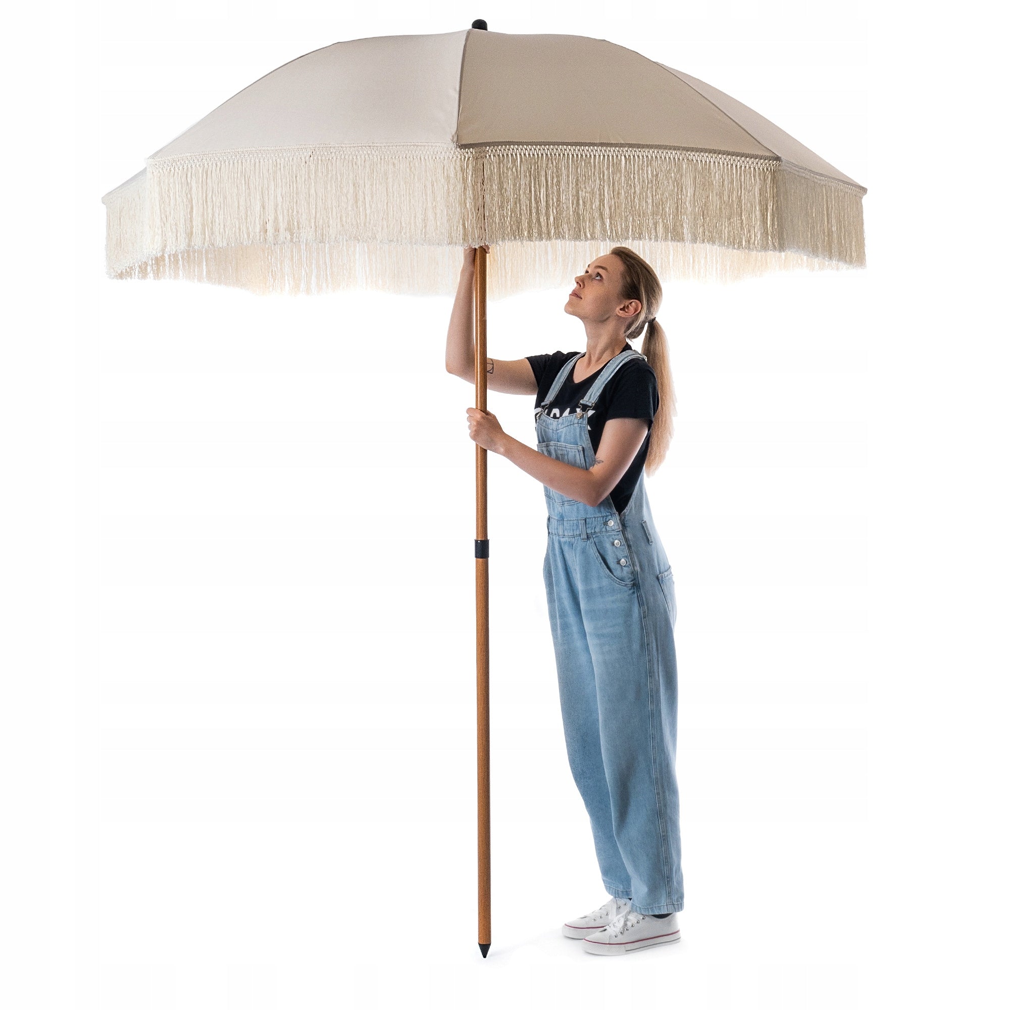BALCONY GARDEN UMBRELLA 180cm FOLDING TERRACE ADJUSTABLE WITH FRINGES BOHO Color beige