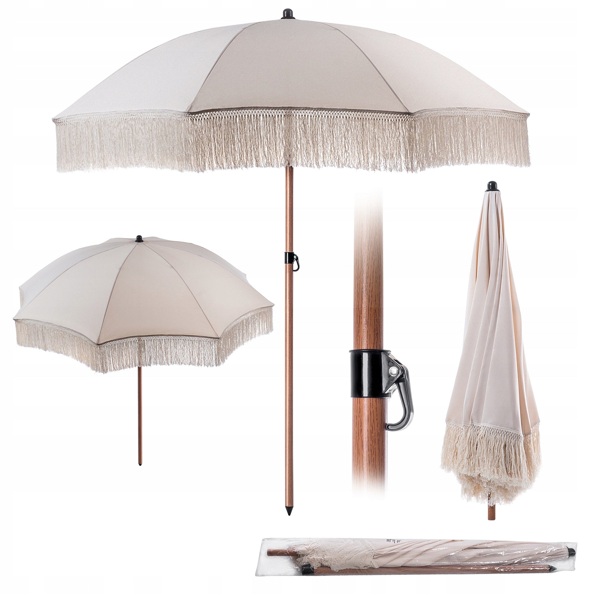 BALCONY GARDEN UMBRELLA 180cm FOLDING TERRACE ADJUSTABLE WITH FRINGES BOHO