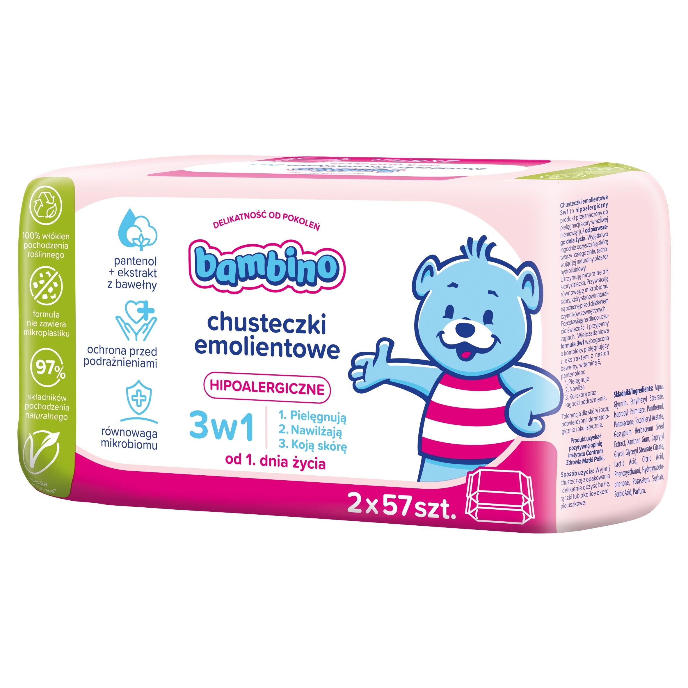 BAMBINO 3in1 Hypoallergenic Emollient Wipes for Babies 2x57pcs Manufacturer code nawilżane mokre nawilżające pielęgnunjące