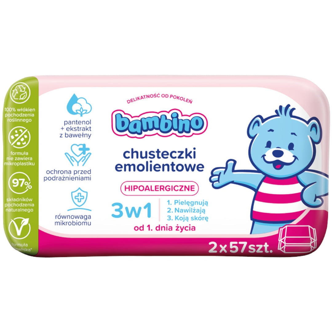 BAMBINO 3in1 Hypoallergenic Emollient Wipes for Babies 2x57pcs