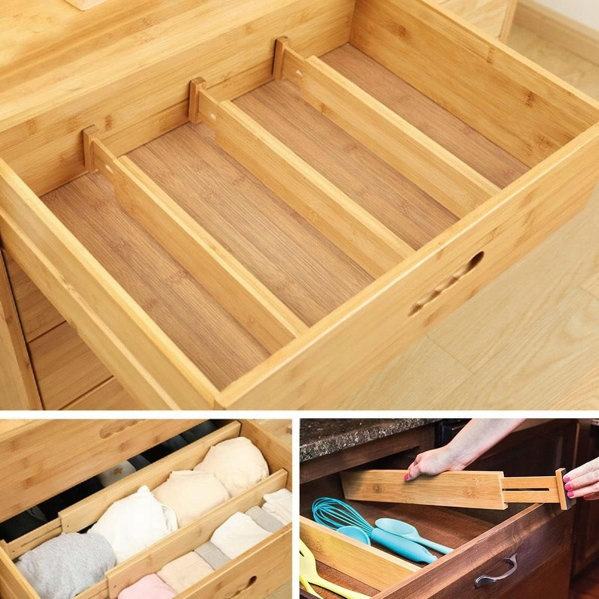 BAMBOO CABINET DRAWER COMPARTMENTS ADJUSTABLE ORGANIZER SEPARATOR 4 PACK