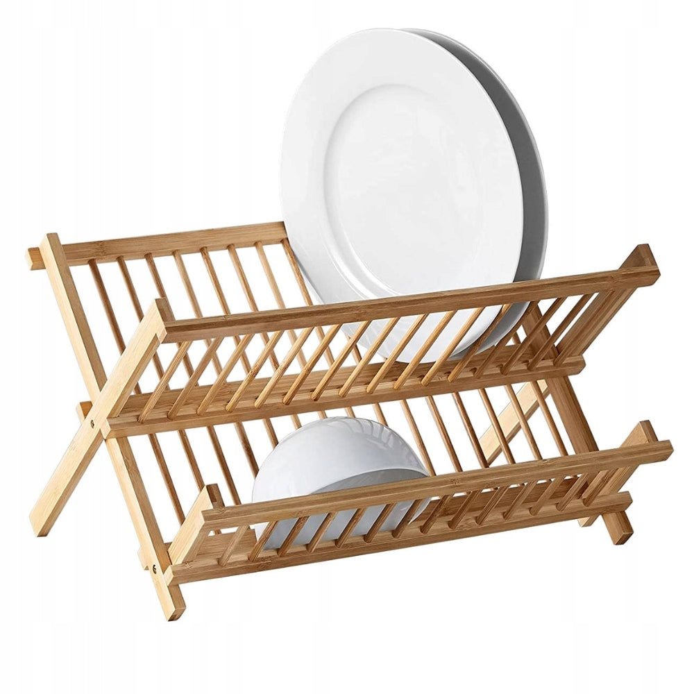 BAMBOO DISH DRYER DRAINER FOLDING 2-TIER CUPS PLATES