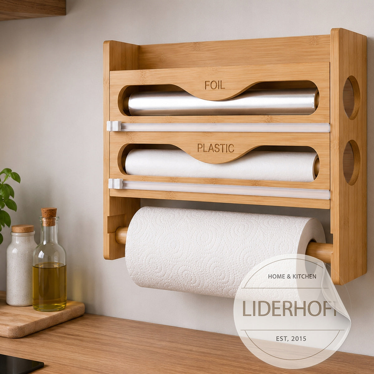 BAMBOO KITCHEN ORGANIZER 4in1 TOWEL HOLDER FOIL SPICE SHELF Brand Liderhoff