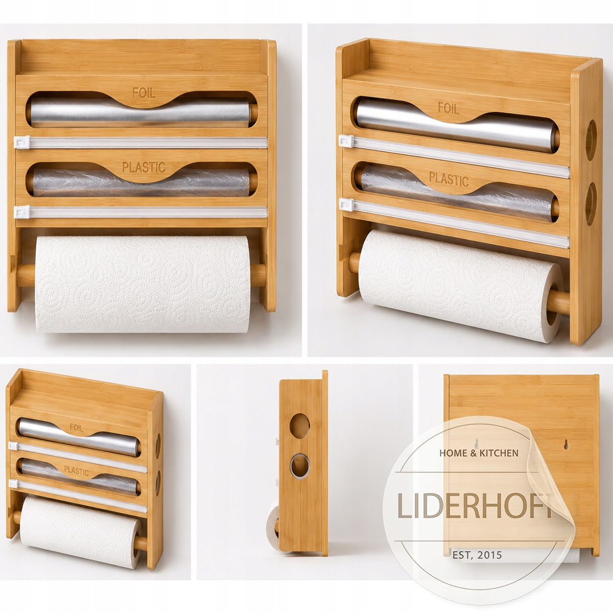 BAMBOO KITCHEN ORGANIZER 4in1 TOWEL HOLDER FOIL SPICE SHELF Manufacturer code ORGANIZER NA FOLIĘ 4W1 LIDERHOFF