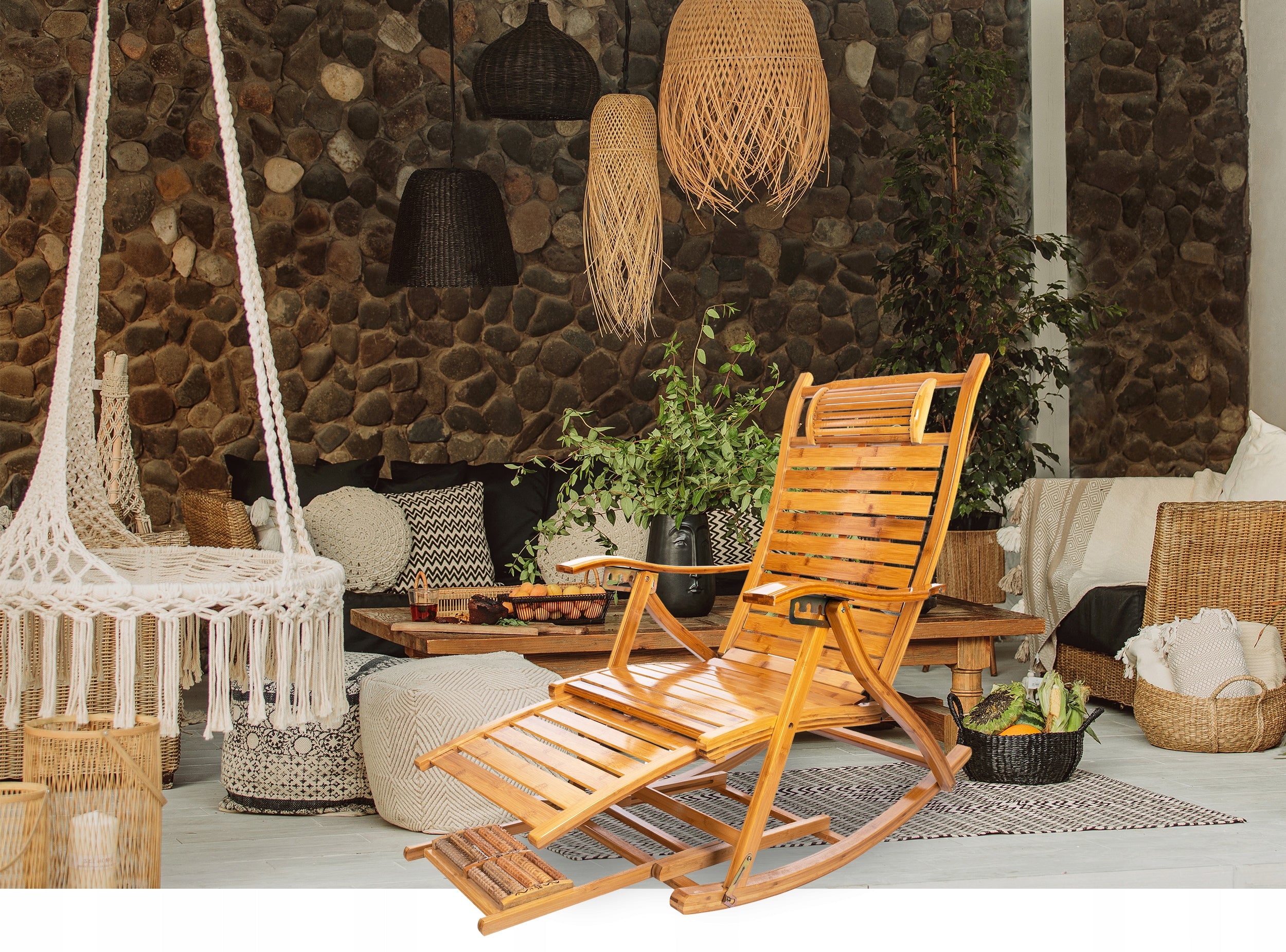 BAMBOO LOUNGER ROCKING CHAIR GARDEN MASSAGE BEACH FOLDING PREMIUM Model Leżak bambusowy PREMIUM