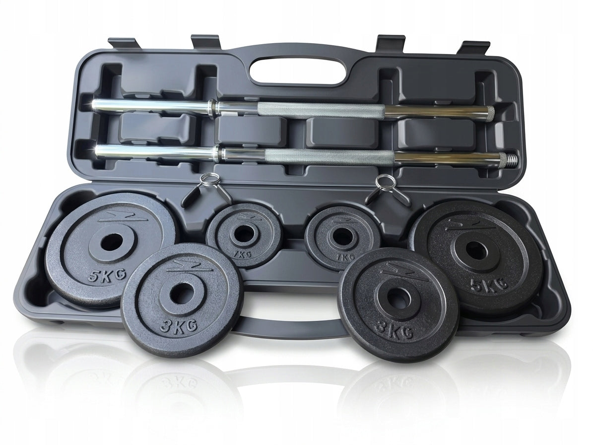 BARBELL BODYBUILDING SET CAST IRON LOAD 26KG NECK SUITCASE CLAMPS Model ZESTAW kulturystyczny