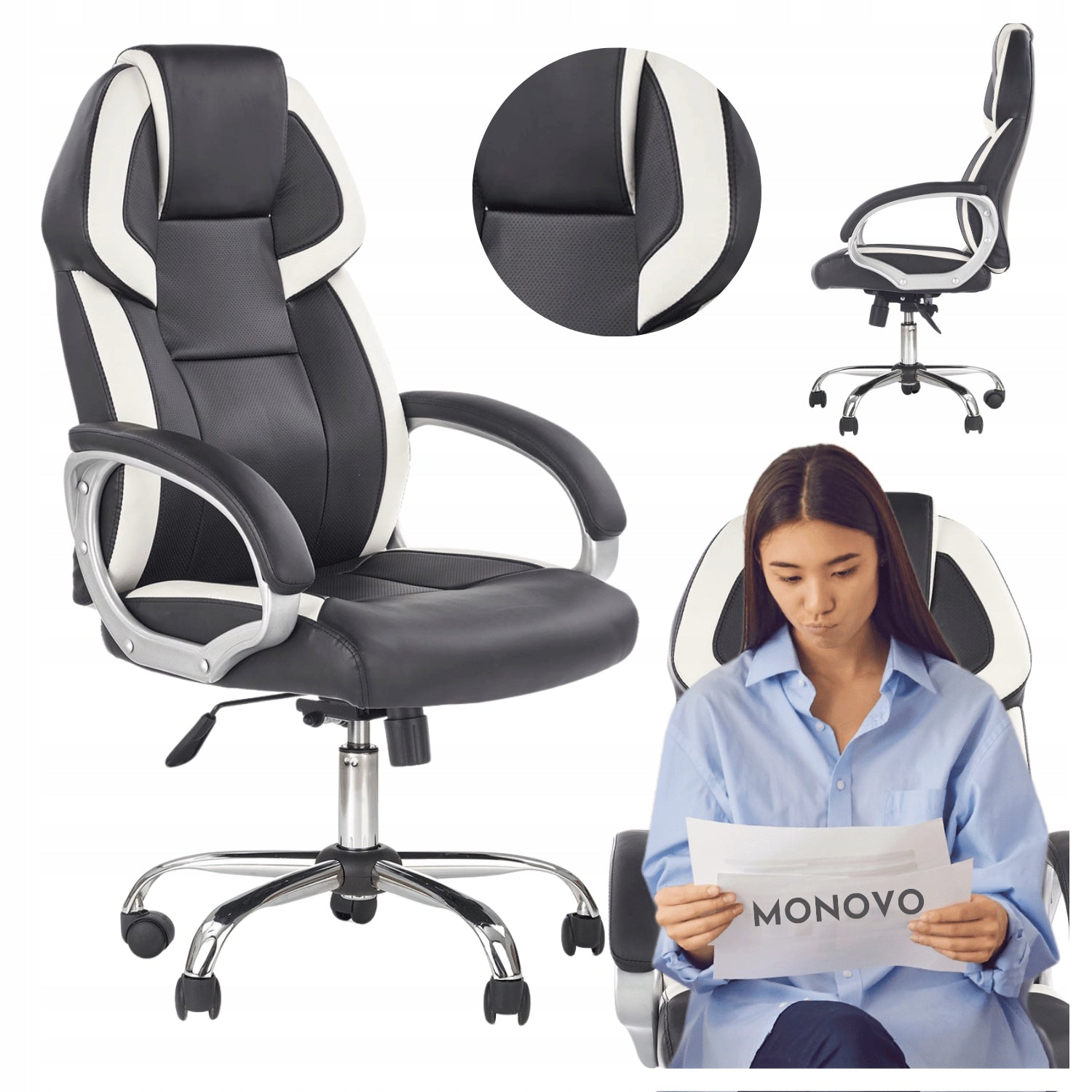 BARTON Desk Swivel Chair Black White Leather for Office Computer