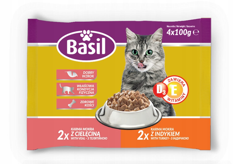 BASIL CAT FOOD SACHETS VEAL TURKEY (4x100g) x 1 Brand Basil