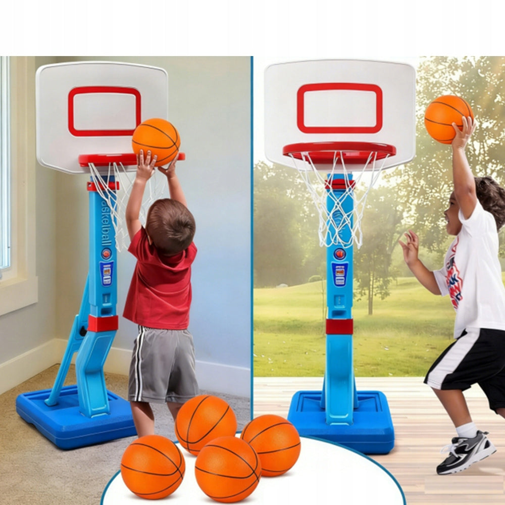 BASKET STAND ADJUSTABLE H + THREE BASE: 4x BALLS FOR HOME/GARDEN Kind basketball set