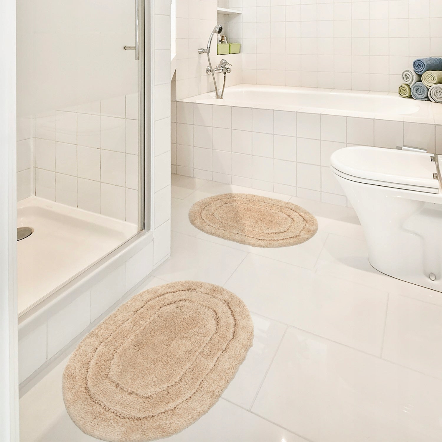 BATHROOM RUG BEIGE NON-SLIP 40x60CM SOFT ABSORBENT OVAL MAT Thickness 16 mm