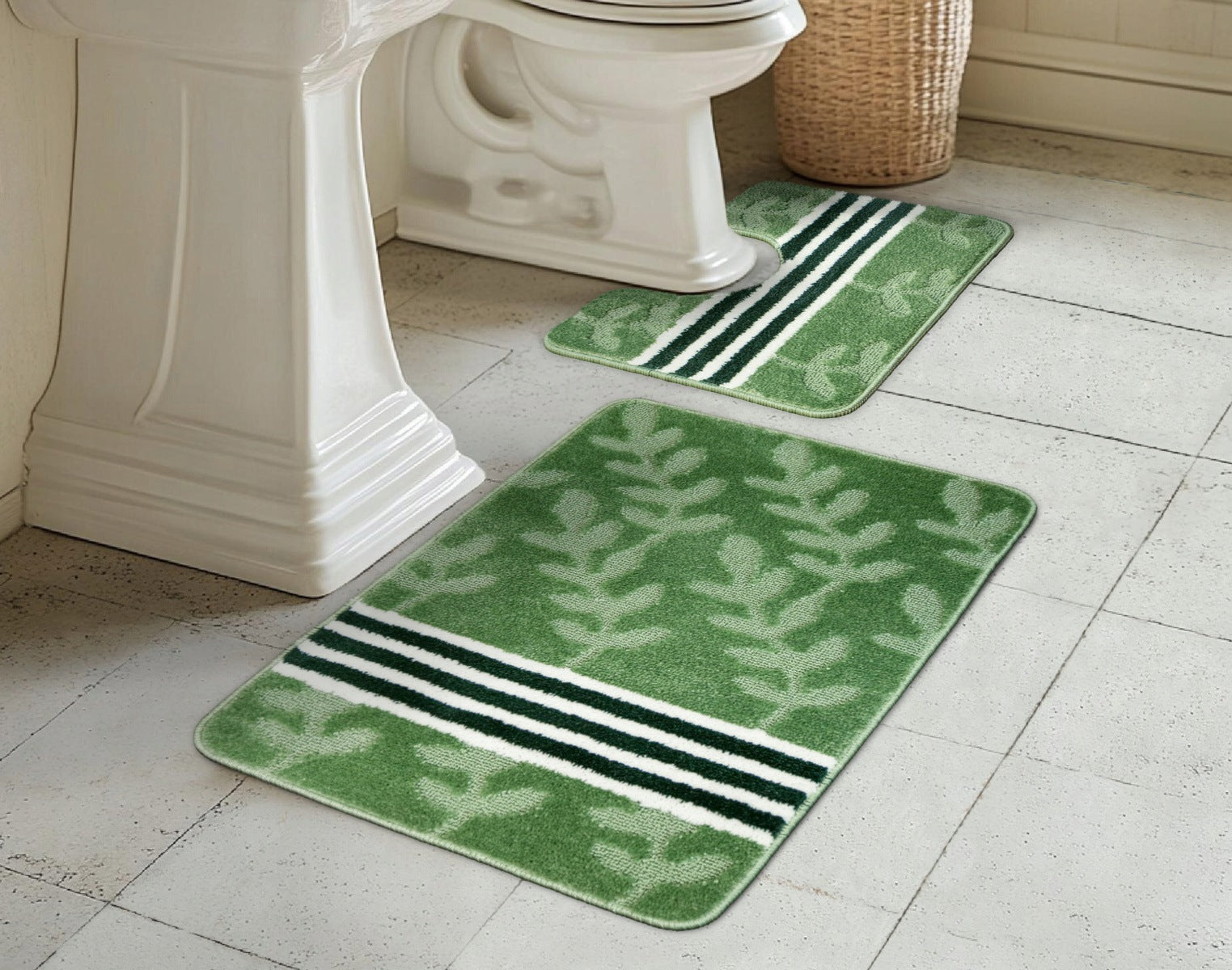 BATHROOM RUG NON-SLIP GREEN LEAVES STRIPES NATEL 2-cz SET Manufacturer code natel green 2cz