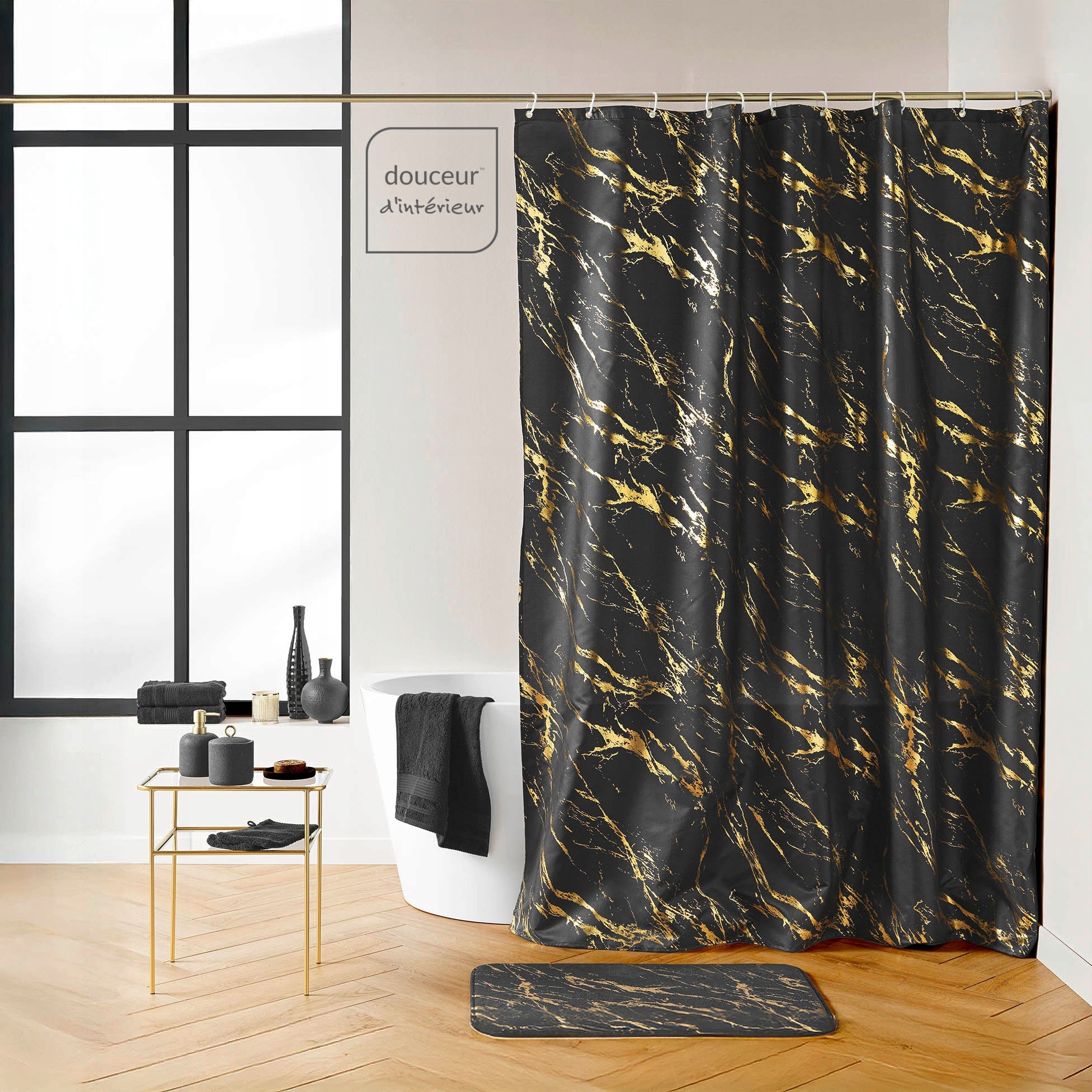 BATHROOM RUG WITH CUTOUT FOR WCMETALIZED GOLD MARBLE AQUAMARBRE Manufacturer code AQUAMARBRE NOIR/OR