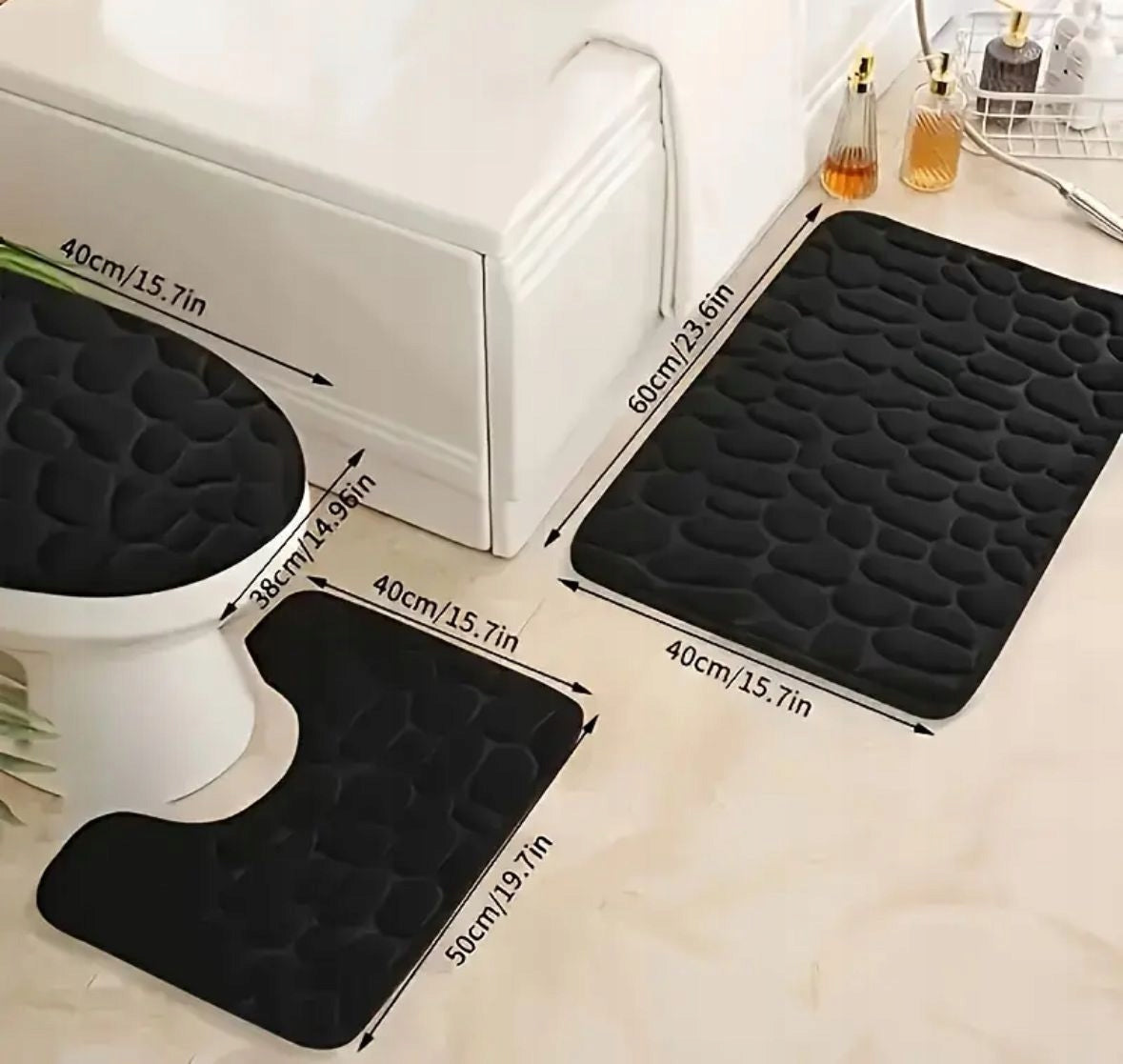 BATHROOM RUGS 3pcs SET SOFT BLACK NON-SLIP 1cm Brand DIKOM