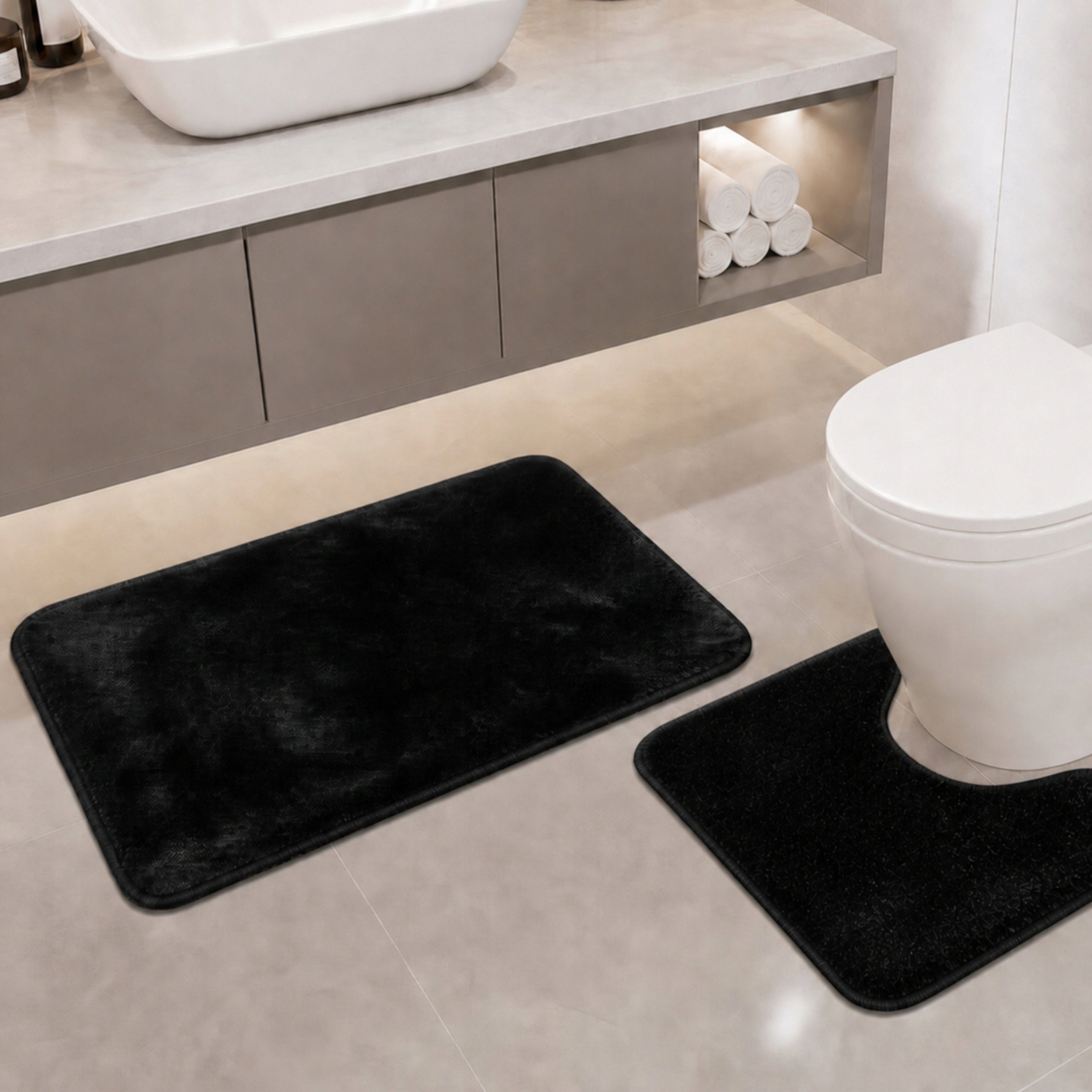 BATHROOM RUGS NON-SLIP SET 2 PIECE BLACK MODERN Length 80 cm
