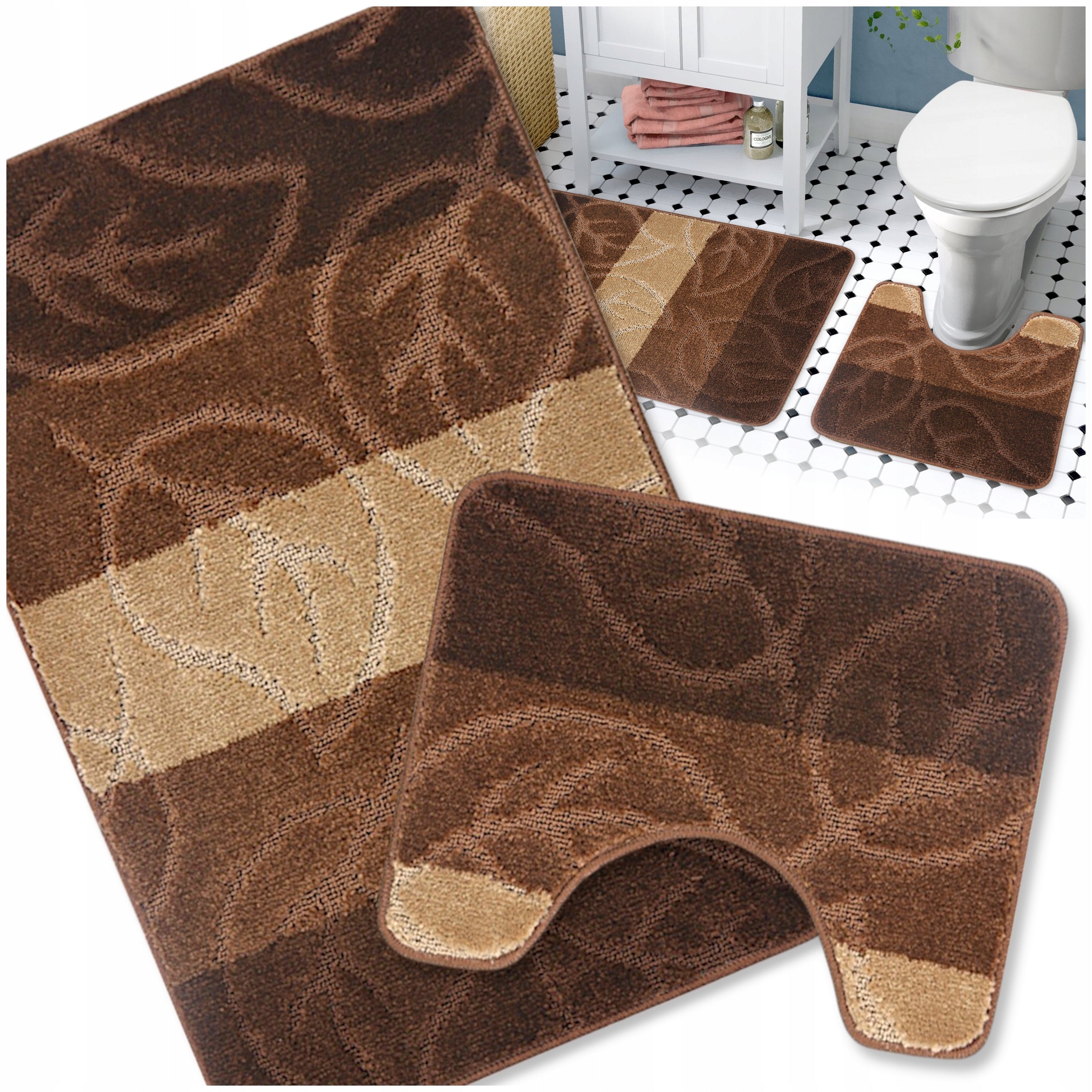 BATHROOM RUGS NON-SLIP SET OF 2 MODERN BROWN