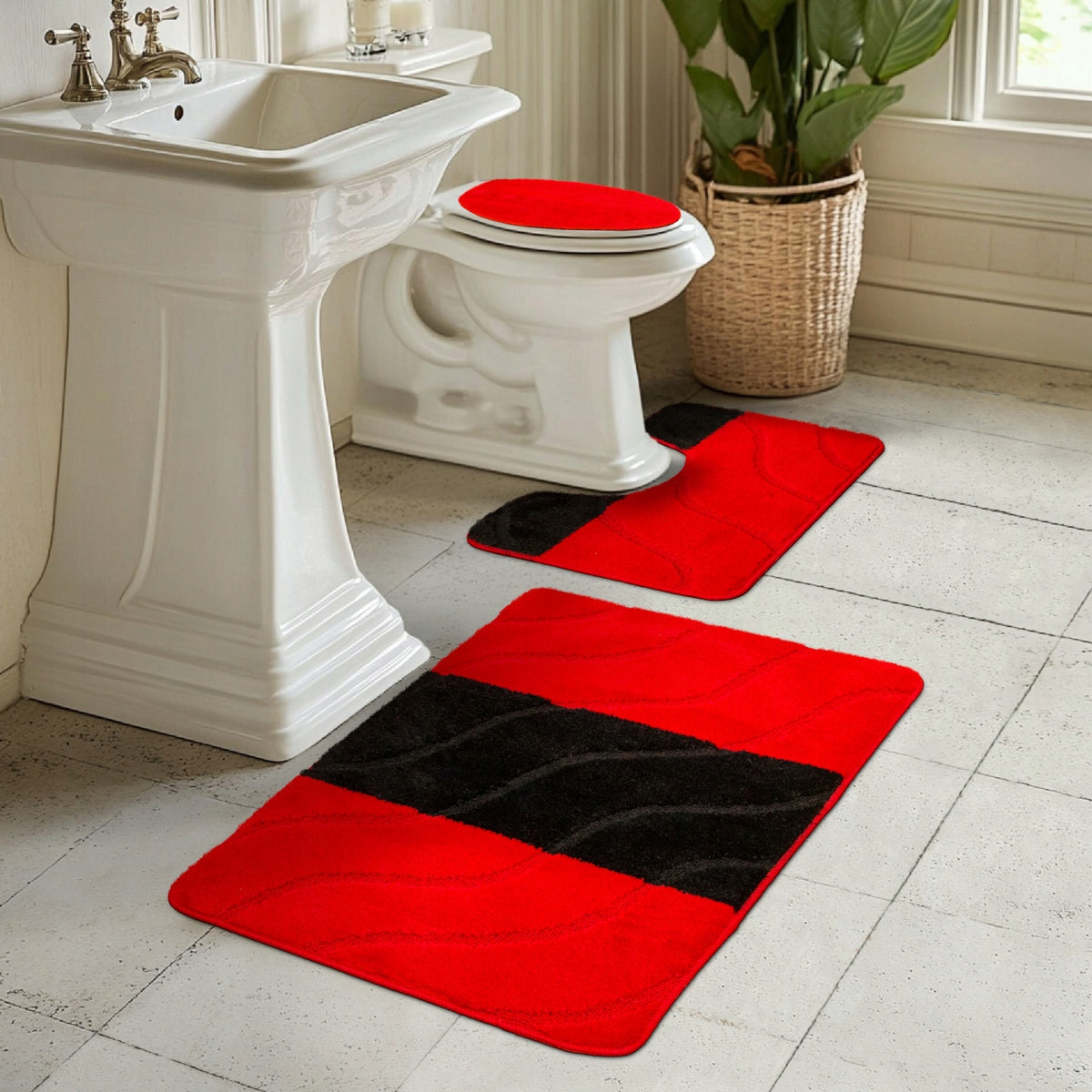 BATHROOM RUGS NON-SLIP STRIPES RED BLACK FIORI 3-cz SET Manufacturer code fiori red 3cz