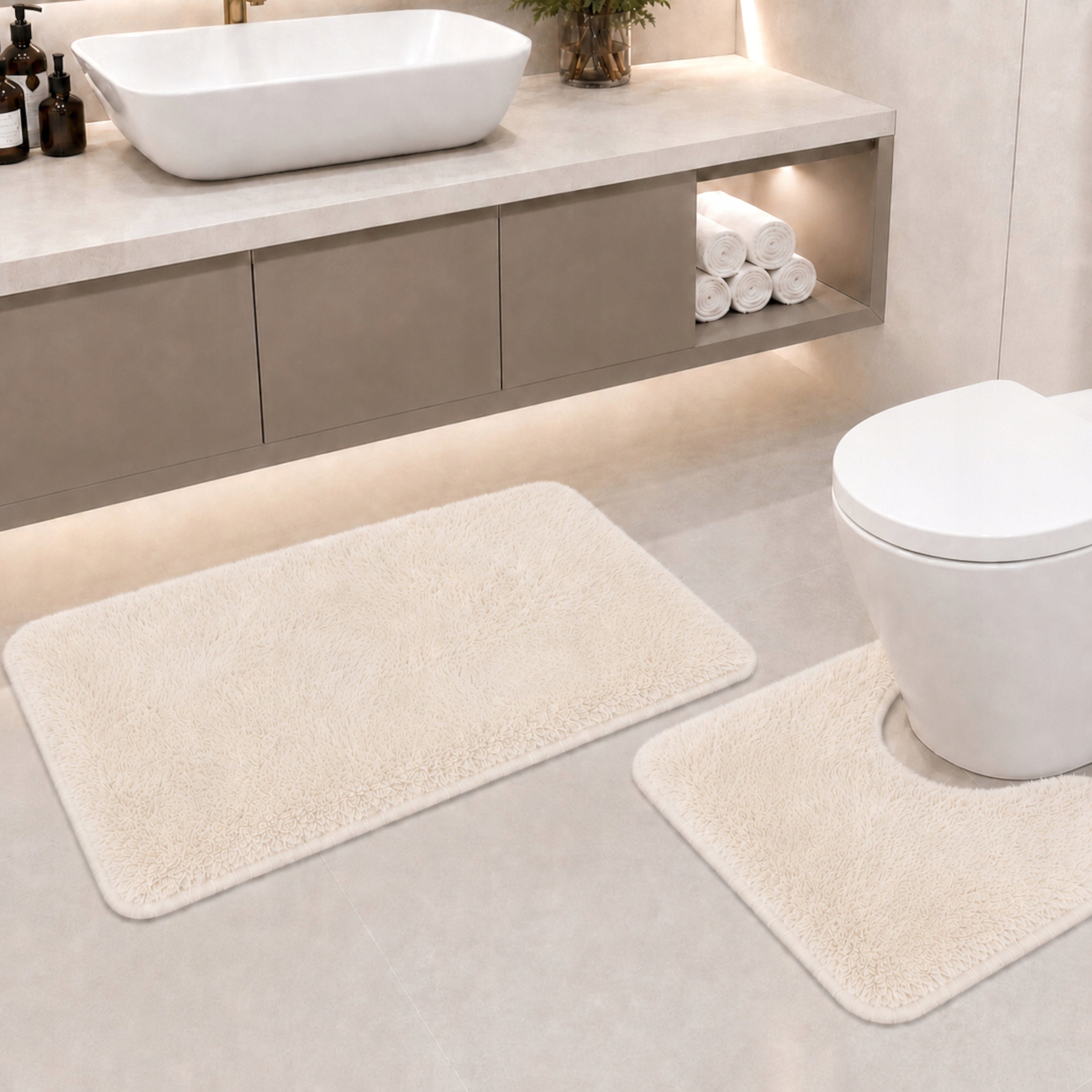 BATHROOM RUGS SET NON-SLIP 2 PIECE CREAM ECRU 50X80 Manufacturer code DYWANIKI ŁAZIENKOWE 50X80 KOMPLET ECRU