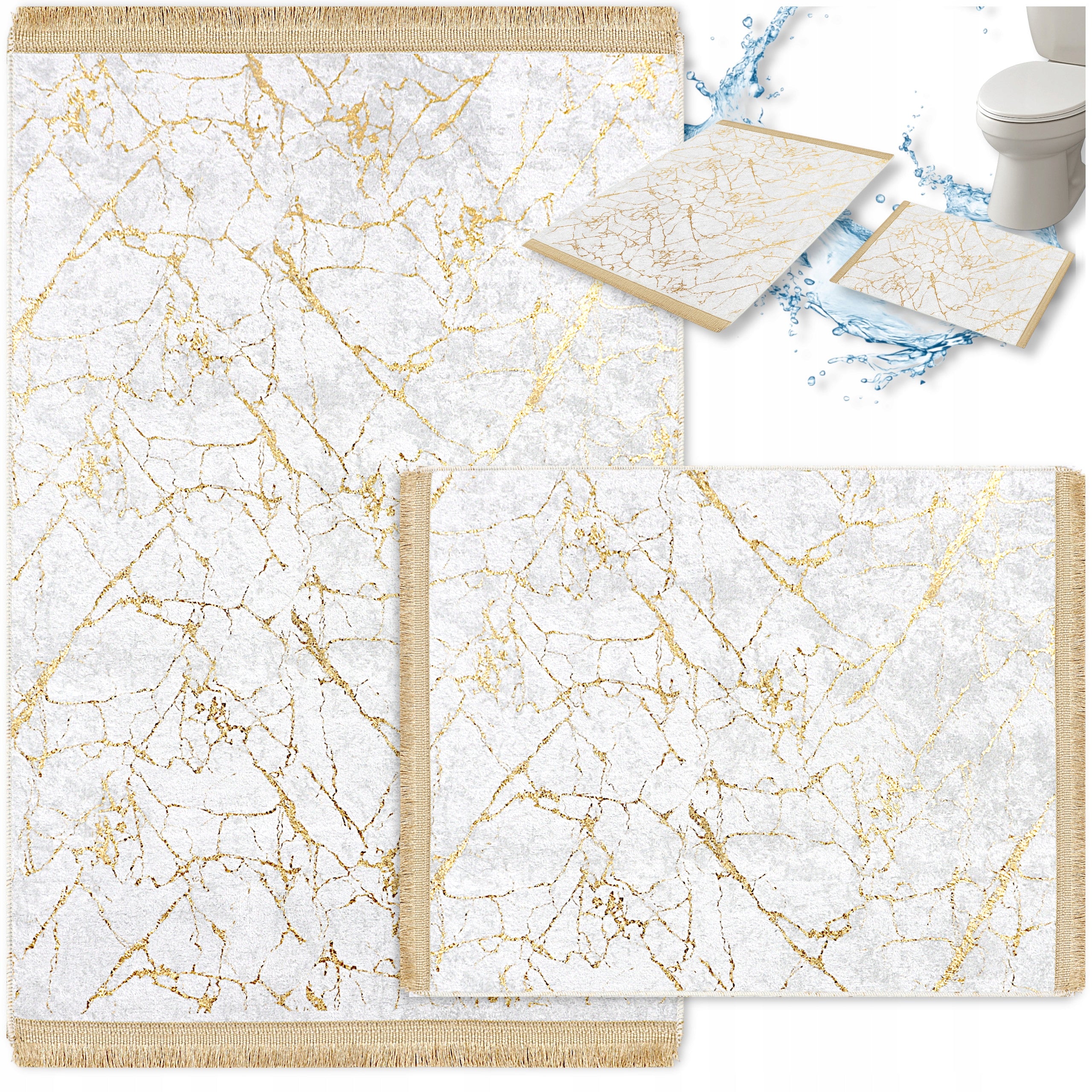 BATHROOM RUGS SET OF 2 NON-SLIP 60x100 GREY GOLD LARGE