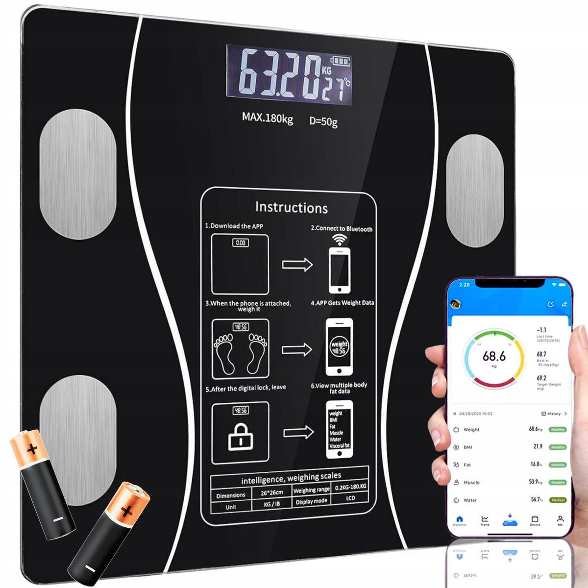 BATHROOM SCALE 25in1 PRECISION ANALYTICAL WITH BLUETOOTH BATTERIES FREEBIE