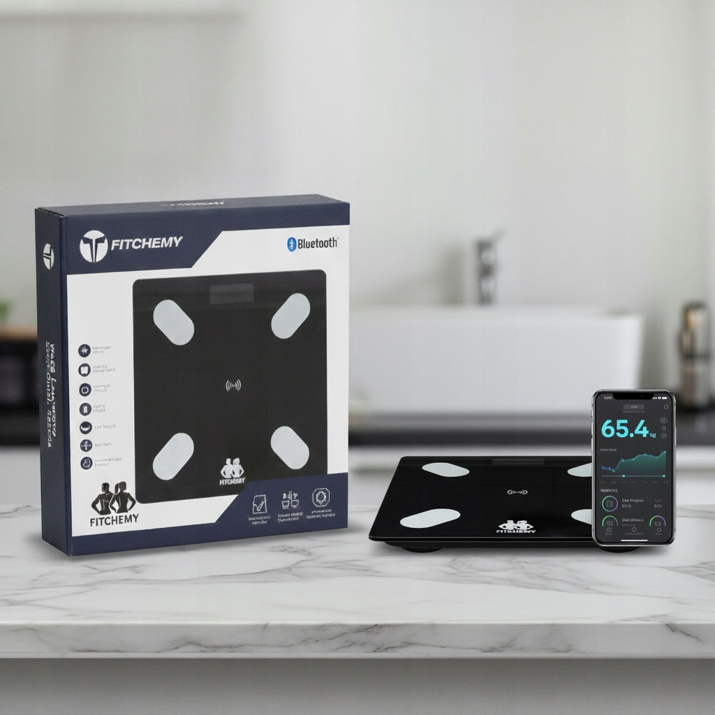 BATHROOM SCALE ANALYTICAL BLUETOOTH Poland APPLICATION FITCHEMY BMI Manufacturer code FITCHEMY-010