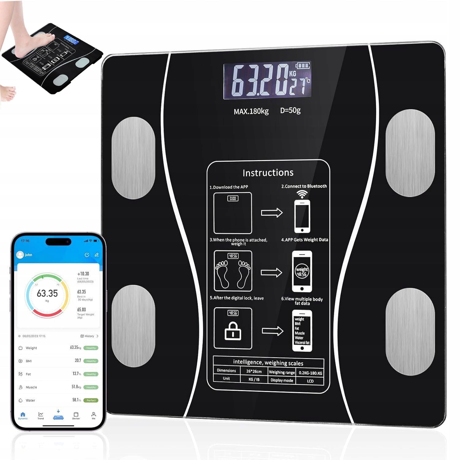 BATHROOM SCALE ANALYTICAL BMI BLUETOOTH SMART WITH LCD DISPLAY