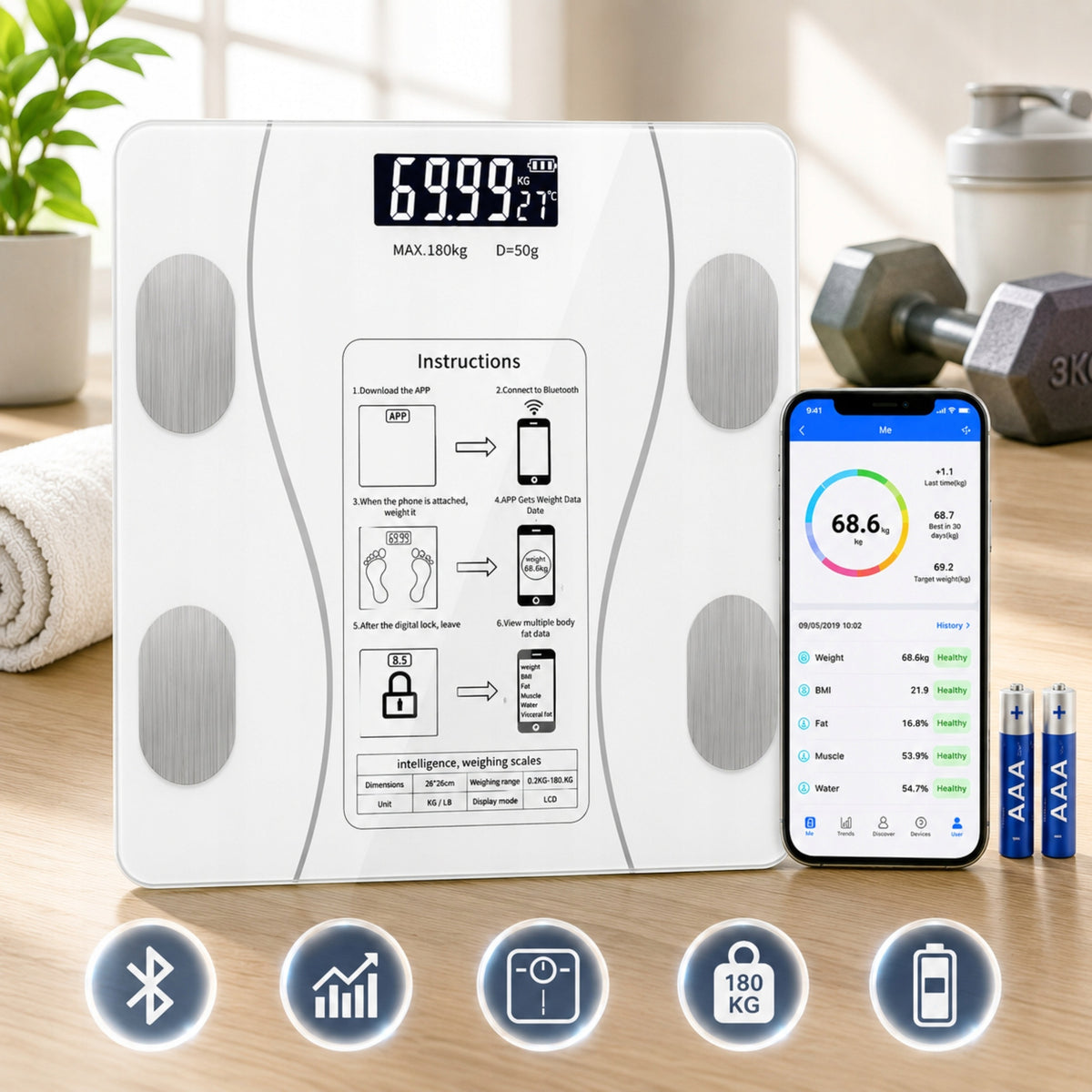 BATHROOM SCALE ANALYTICAL BMI SMART ELECTRONIC APPLICATION in Polish AAA Packaging status original