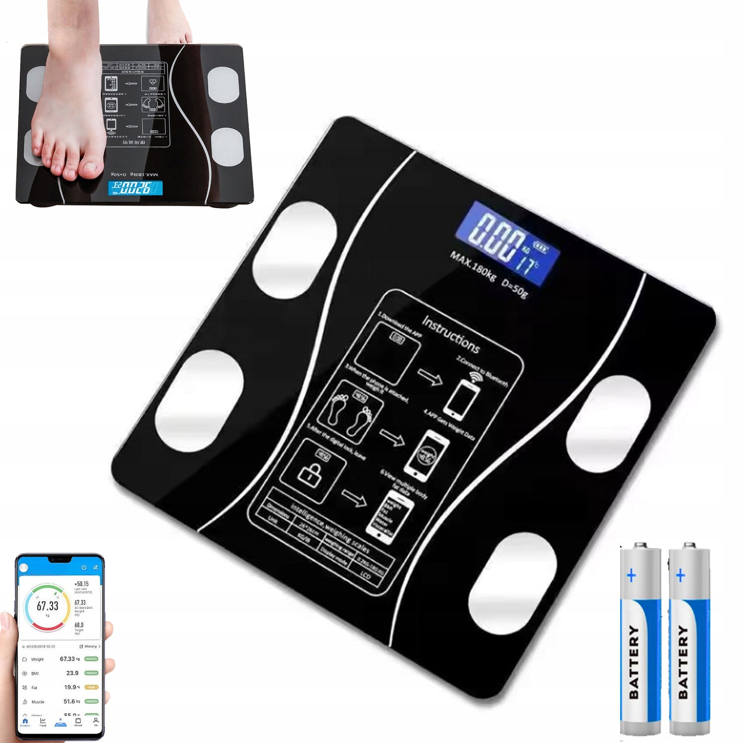 BATHROOM SCALE ANALYTICAL LCD ELECTRONIC BMI BLUETOOTH SMART GLASS