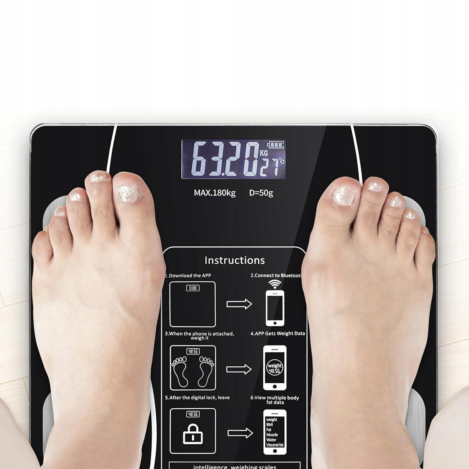 BATHROOM SCALE ANALYTICAL LCD ELECTRONIC BMI BLUETOOTH SMART UP TO 180KG Additional features Bluetooth fat level measurement BMI muscle mass fat tissue body water content