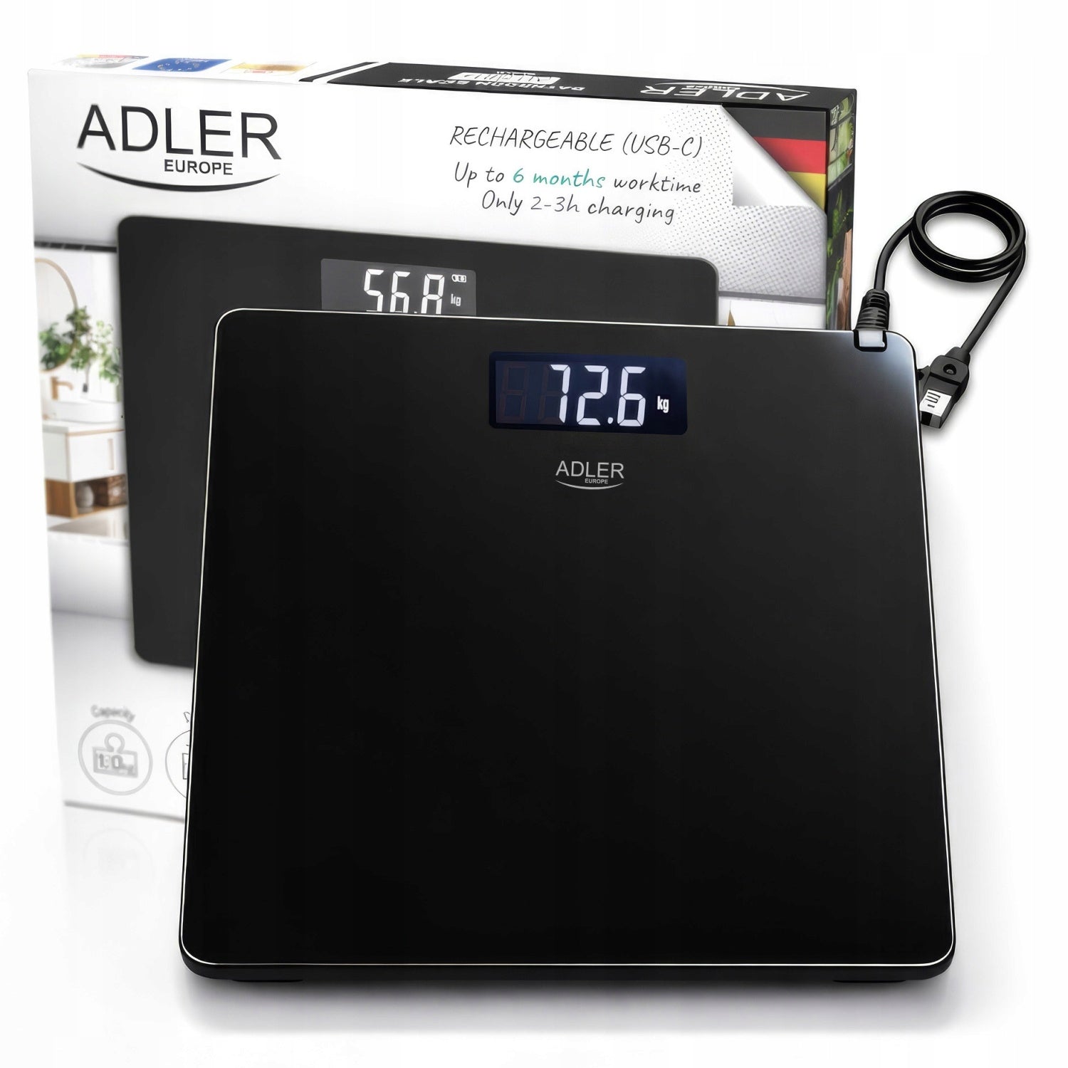 BATHROOM SCALE ELECTRONIC ACCURATE ADLER 180 KG DISPLAY LCD USB