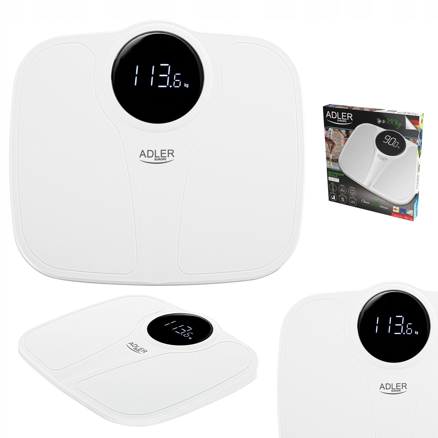 BATHROOM SCALE ELECTRONIC LIFTING CAPACITY 180 KG PRECISION WHITE LED ADLER XXL