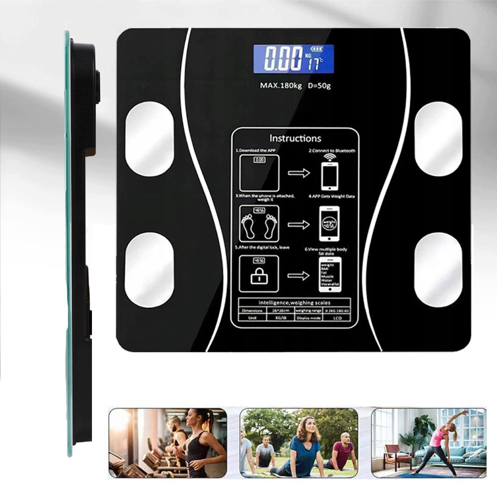 BATHROOM SCALE Electronic LCD glass up to 180kg batteries APPLICATION AFTER BMI