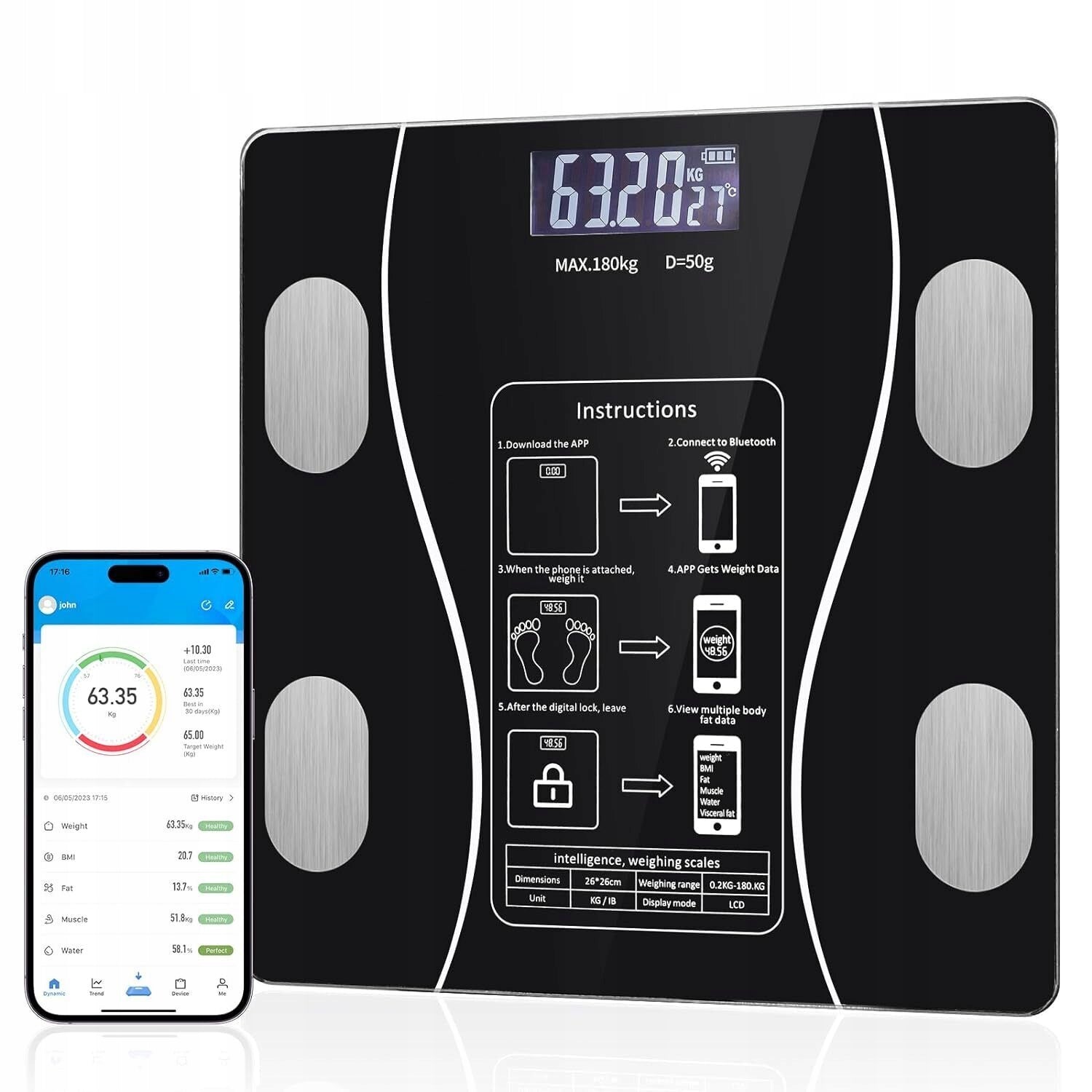 BATHROOM SCALE INTELLIGENT BLUETOOTH LCD ANALYSIS WITH APPLICATION 180KG