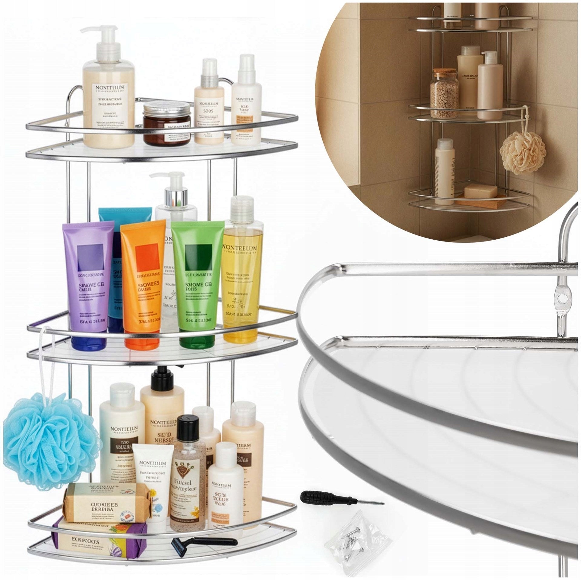 BATHROOM SHELF CORNER SHOWER 58cm HANGING 3 SHELVES CHROME STEEL