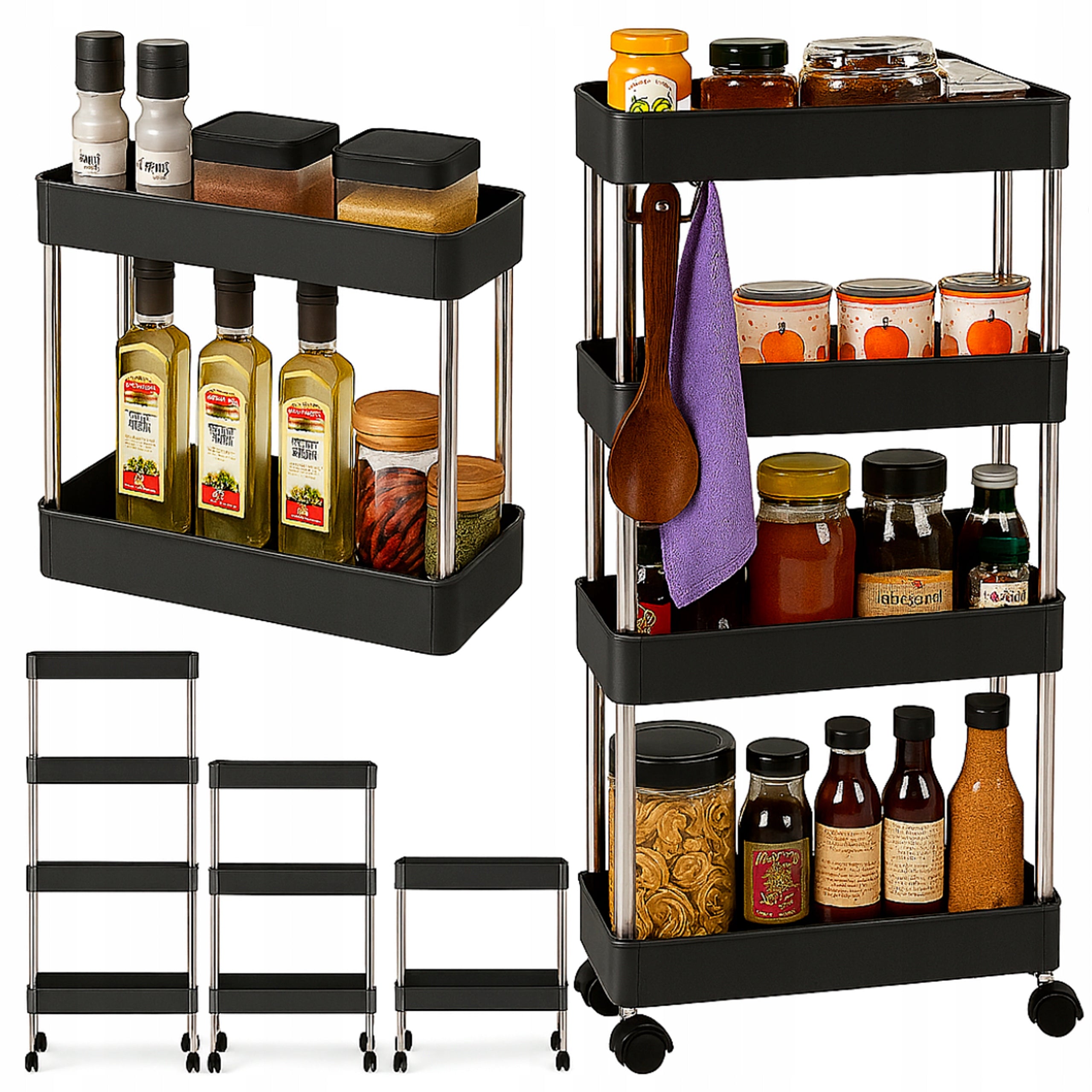BATHROOM SHELF KITCHEN CABINET MOBILE BOOKCASE ON WHEELS 4 LEVELS BLACK
