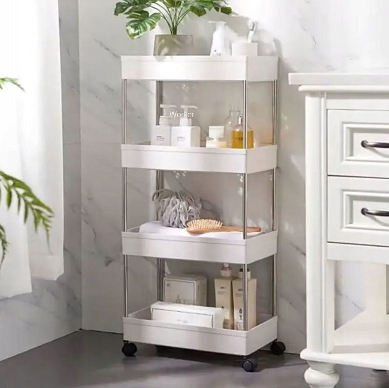 BATHROOM SHELF KITCHEN CABINET MOBILE BOOKCASE ON WHEELS 4 LEVELS WHITE Manufacturer code Półka na kółkach łazienkowa kuchenna regał