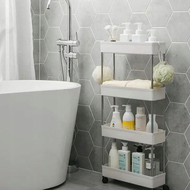 BATHROOM SHELF KITCHEN CABINET MOBILE BOOKCASE ON WHEELS 4 LEVELS WHITE Packaging status original