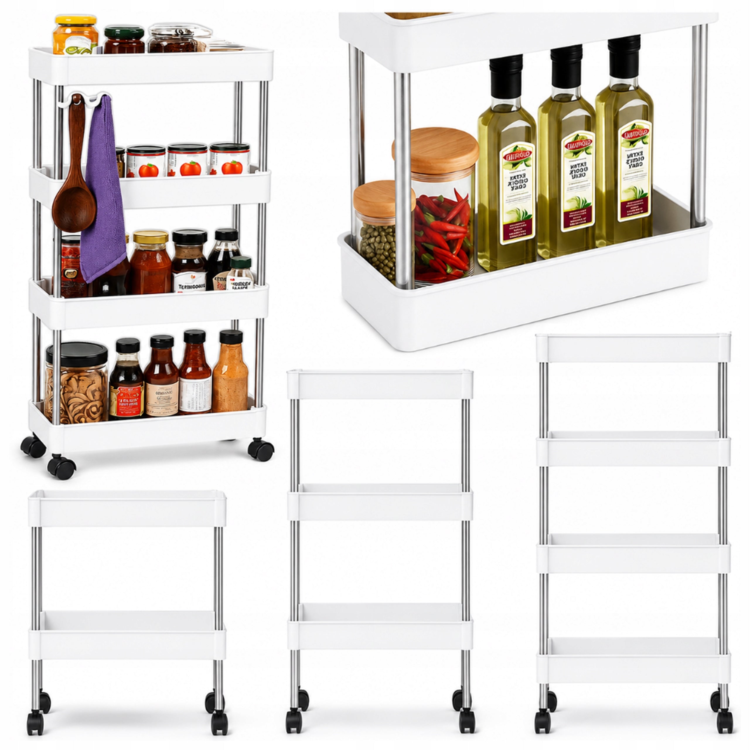 BATHROOM SHELF KITCHEN CABINET MOBILE BOOKCASE ON WHEELS 4 LEVELS WHITE