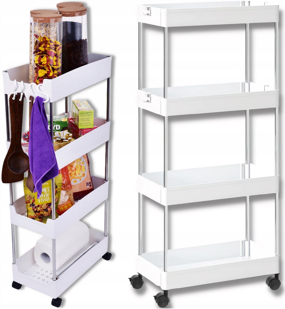BATHROOM SHELF KITCHEN CABINET ON WHEELS 4 TIER BOOKCASE WITH HOOKS