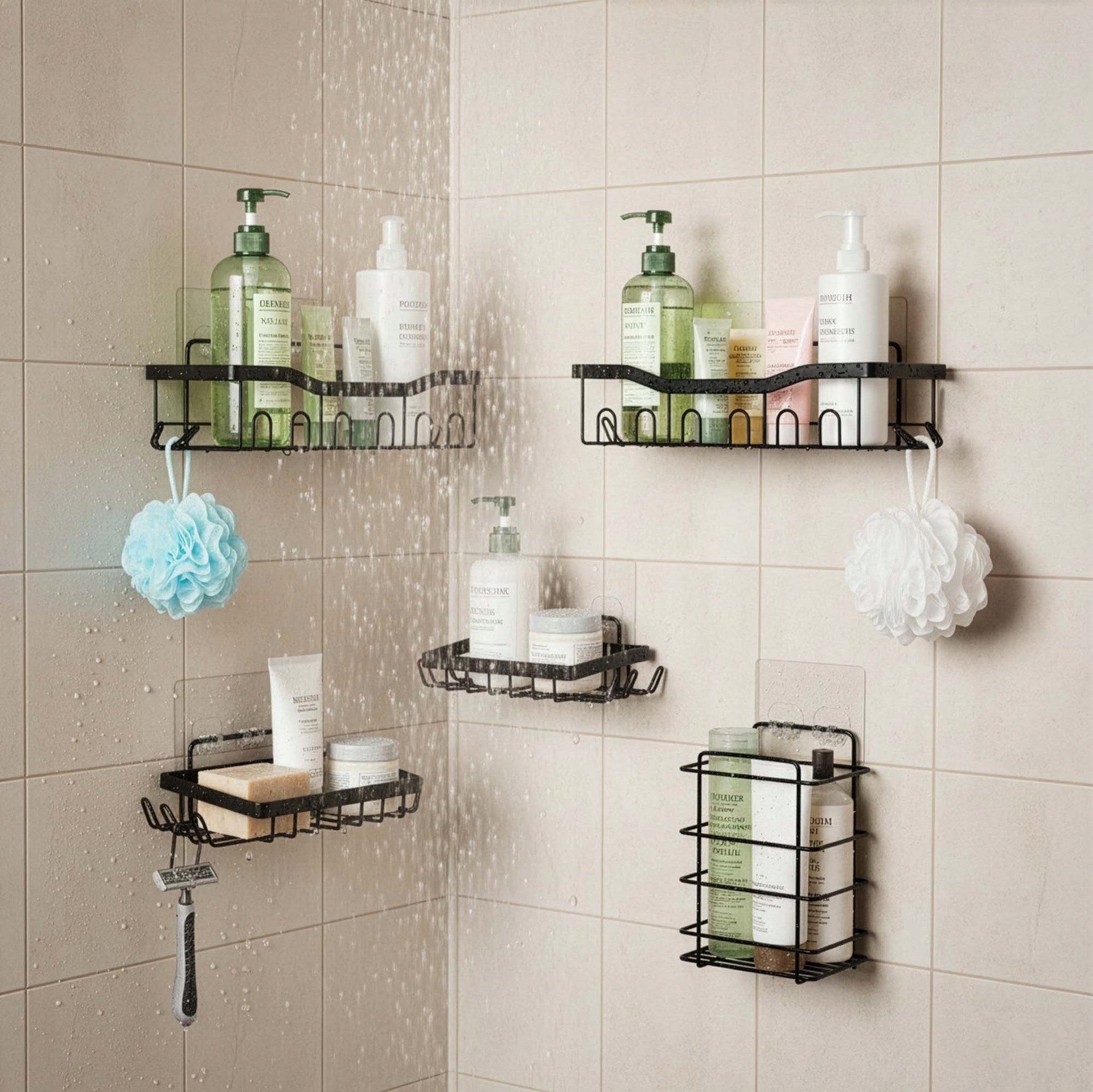 BATHROOM SHOWER SHELF SHELVES 5pcs HANGING SET LOFT BLACK WALL Packaging status original