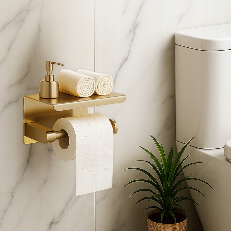 BATHROOM TOILET PAPER HANGER HOLDER WITH WALL SHELF CLARK GOLD Packaging status original