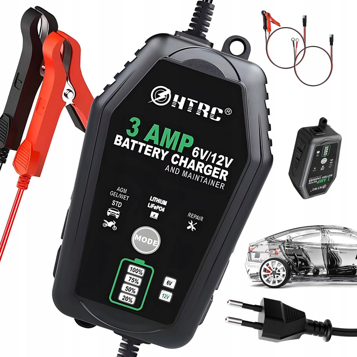 BATTERY CHARGER FOR CAR AND MOTORCYCLE 6V/12V 3A 60W