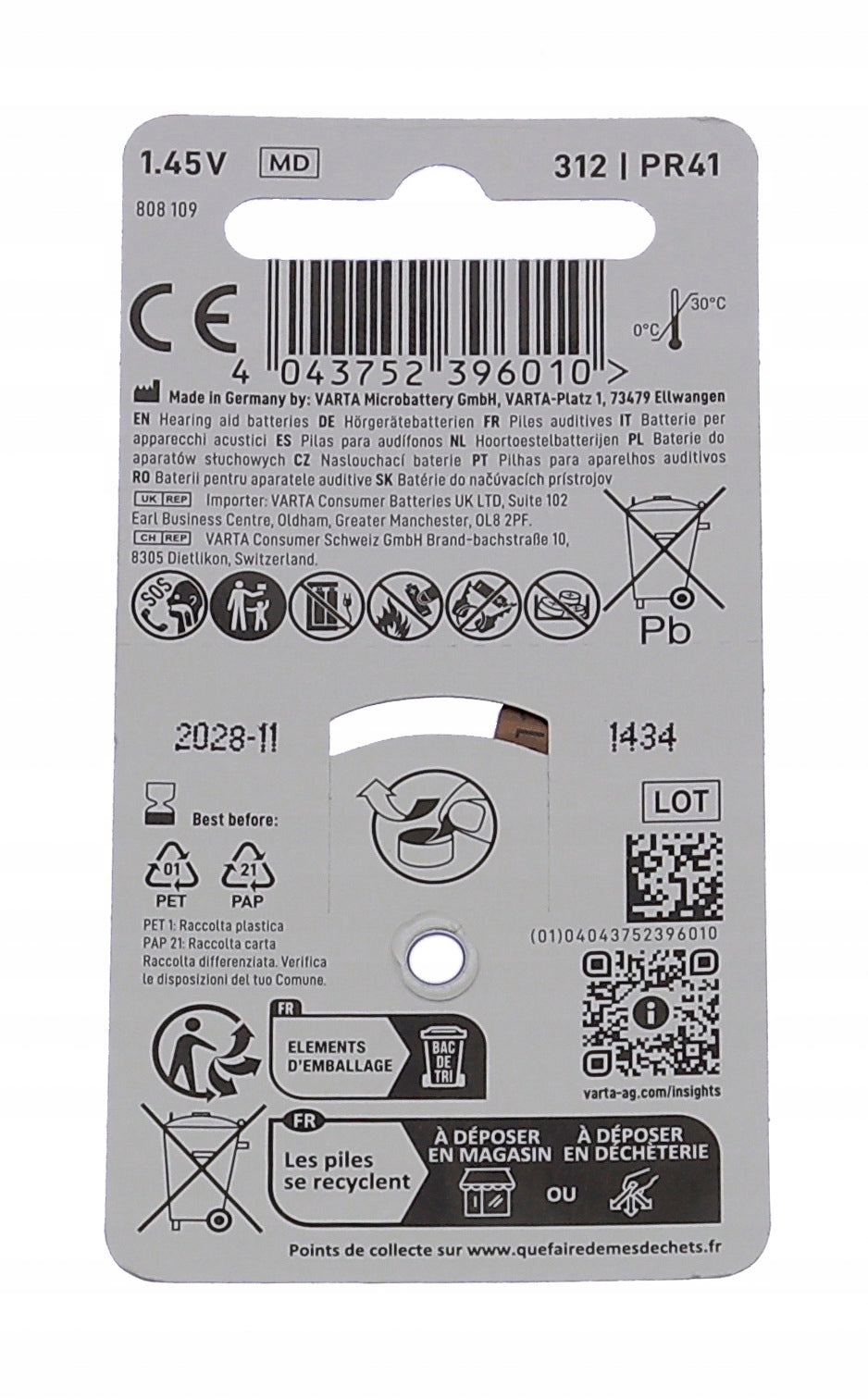 BATTERY FOR HEARING AIDS Varta 312 6 pcs. 1.45V Medical device no