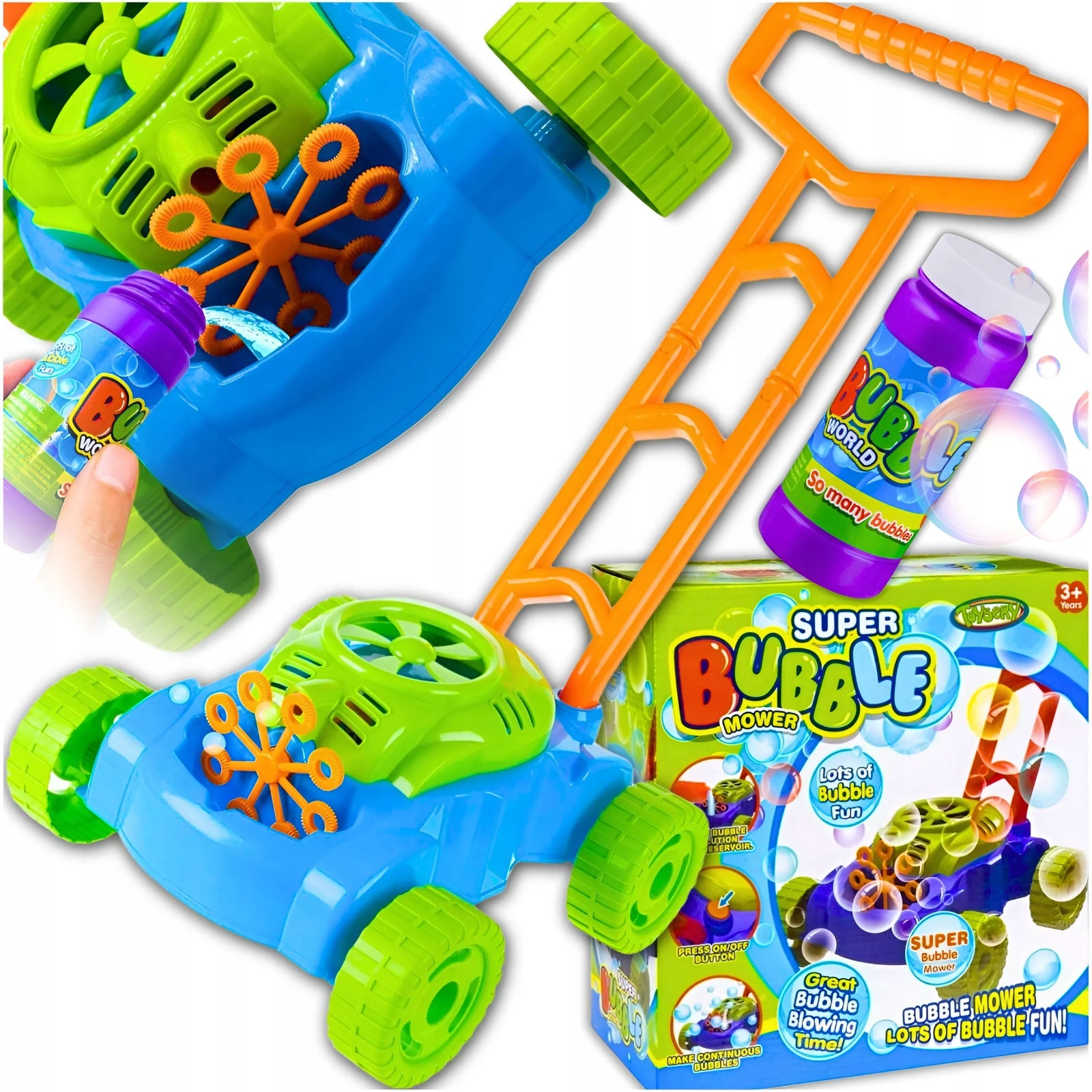 BATTERY OPERATED SOAP BUBBLE MOWER BUBBLE MACHINE FOR CHILDREN + LIQUID Manufacturer code KOSIARKA NA BAŃKI MYDLANE DLA DZIECI MEMFLOW