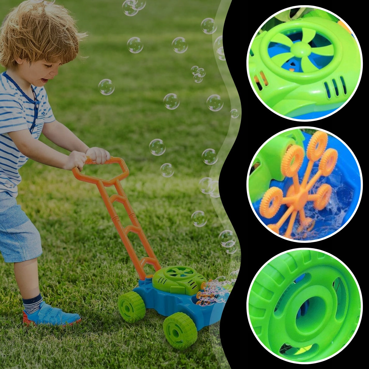 BATTERY OPERATED SOAP BUBBLE MOWER BUBBLE MACHINE FOR CHILDREN + LIQUID Product height 48 cm