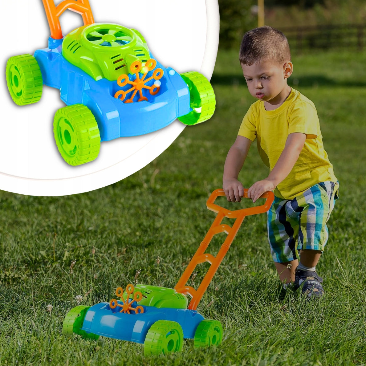 BATTERY OPERATED SOAP BUBBLE MOWER BUBBLE MACHINE FOR CHILDREN + LIQUID Product width 26 cm