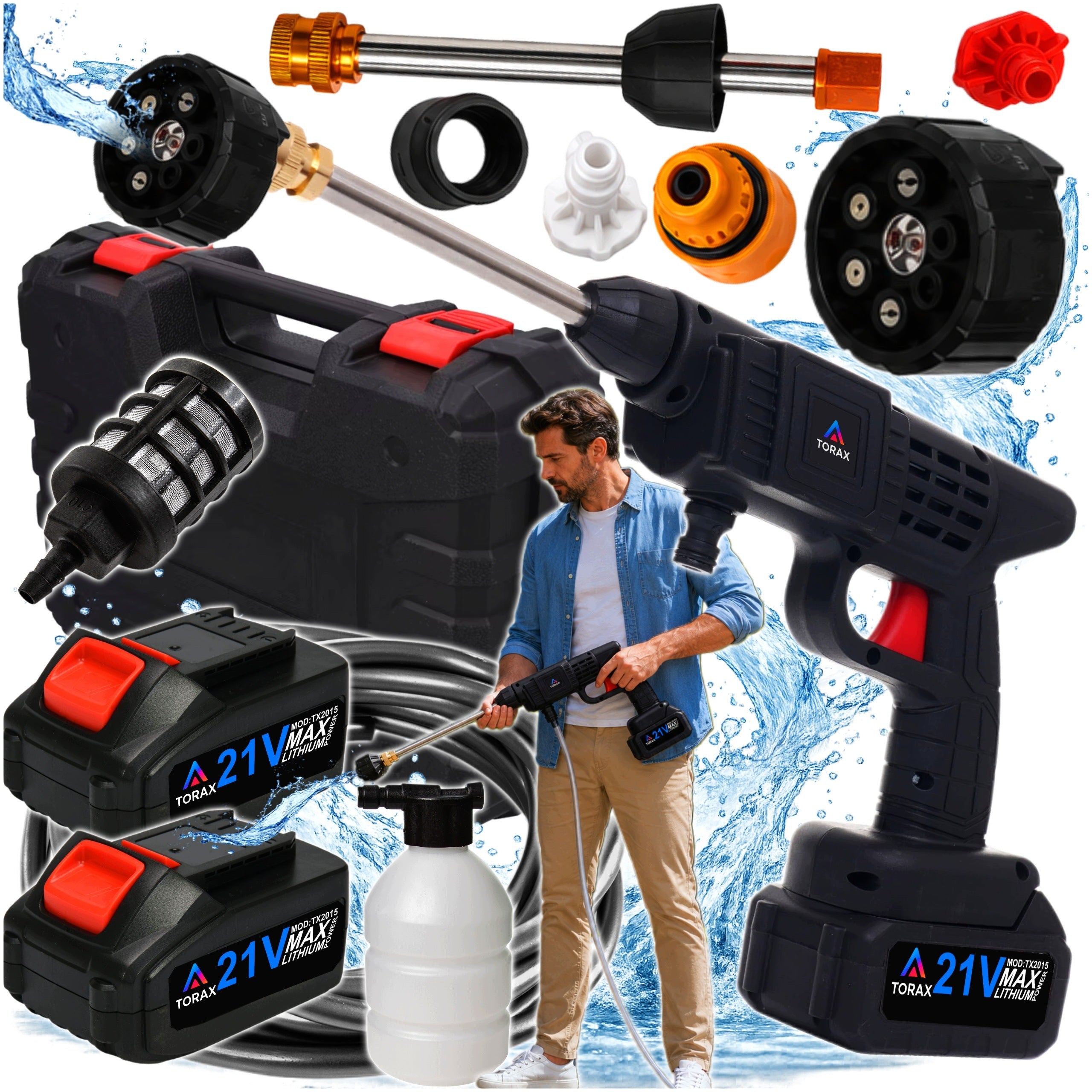 BATTERY PRESSURE WASHER FOR GARDEN WINDOWS AND CUBES MULTI NOZZLE 2x2aku