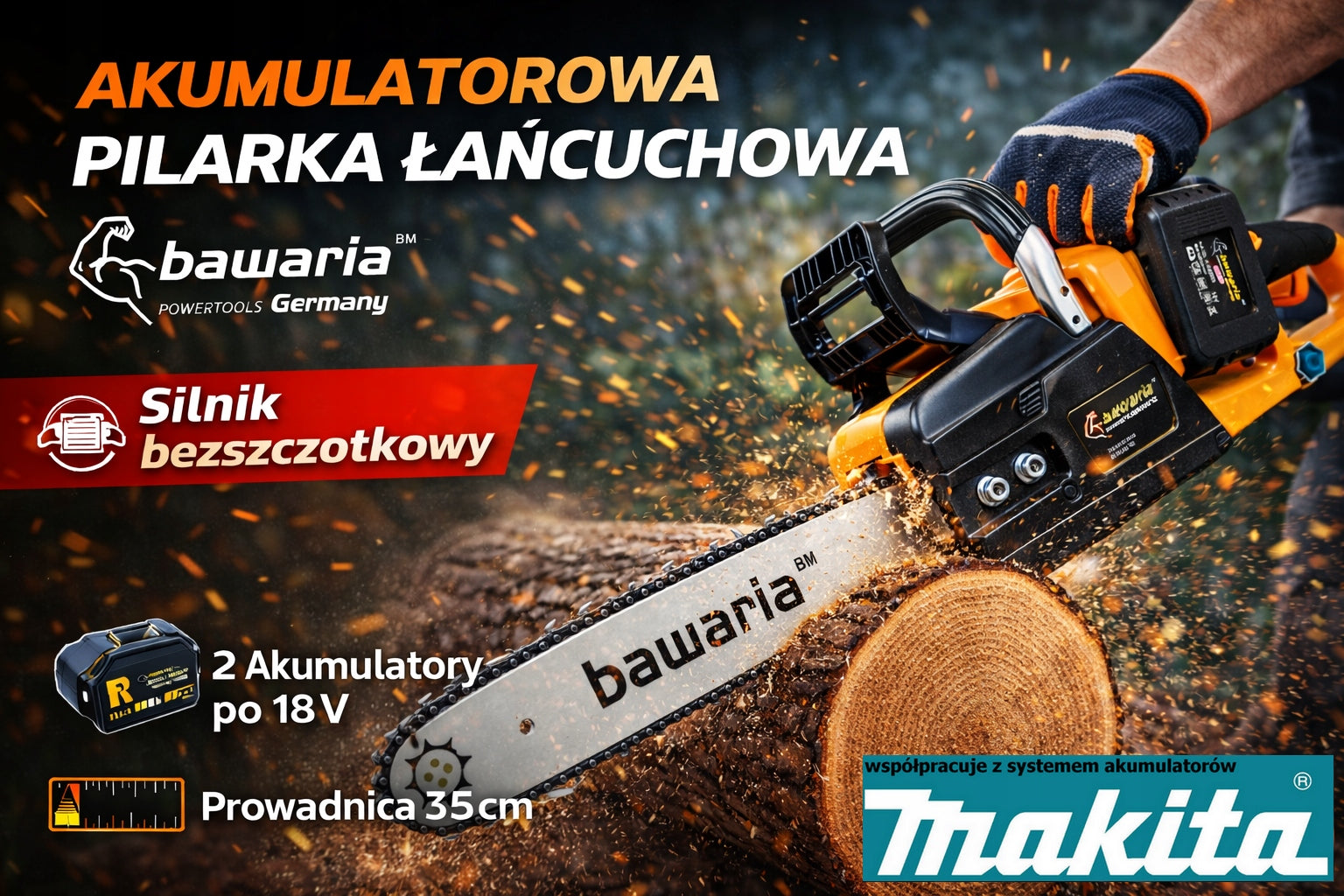 BAWARIA CS4002 Cordless Chainsaw 35cm 2x 18V 6.0Ah BL Motor Packaging status original