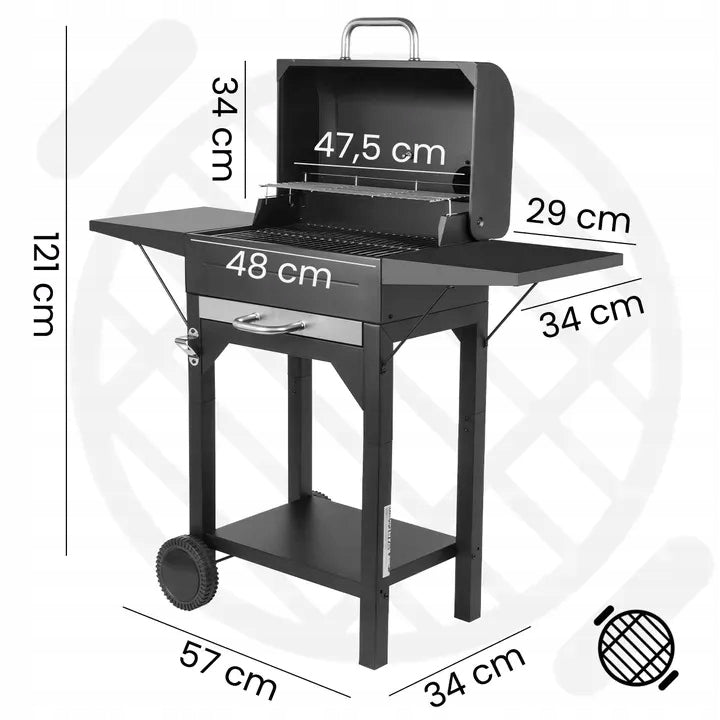BBQ Charcoal Grill with Lid Thermometer Wheels Ashtray 2 Grates Grill width 110 cm